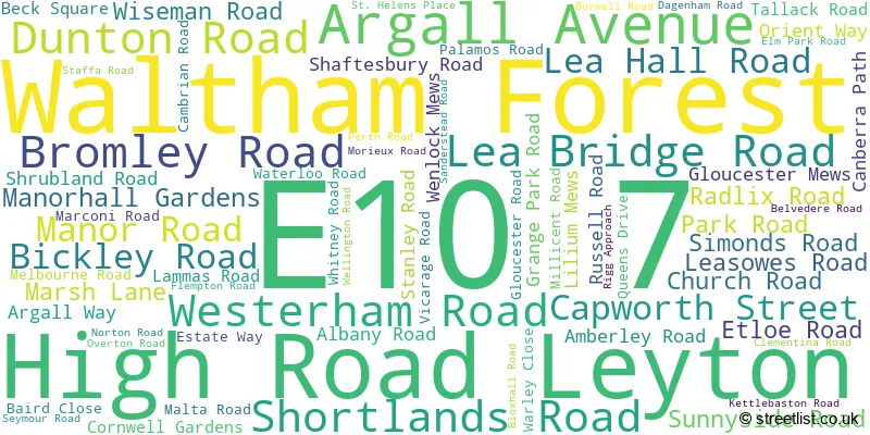 A word cloud for the E10 7 postcode